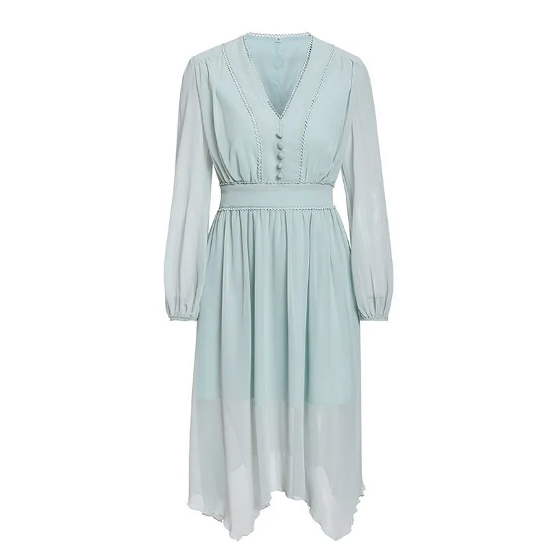 Bella philosophy, женские летние платья, чистый цвет, длинные рукава, неравномерный v-образный вырез, рукав-фонарик, шифоновое платье
