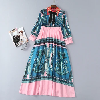 

High Quality 2018 Newest Fashion Runway Turn Down Collar Maxi Dress Women's Long Sleeve Retro Art Printed Designer Patchwork Lon