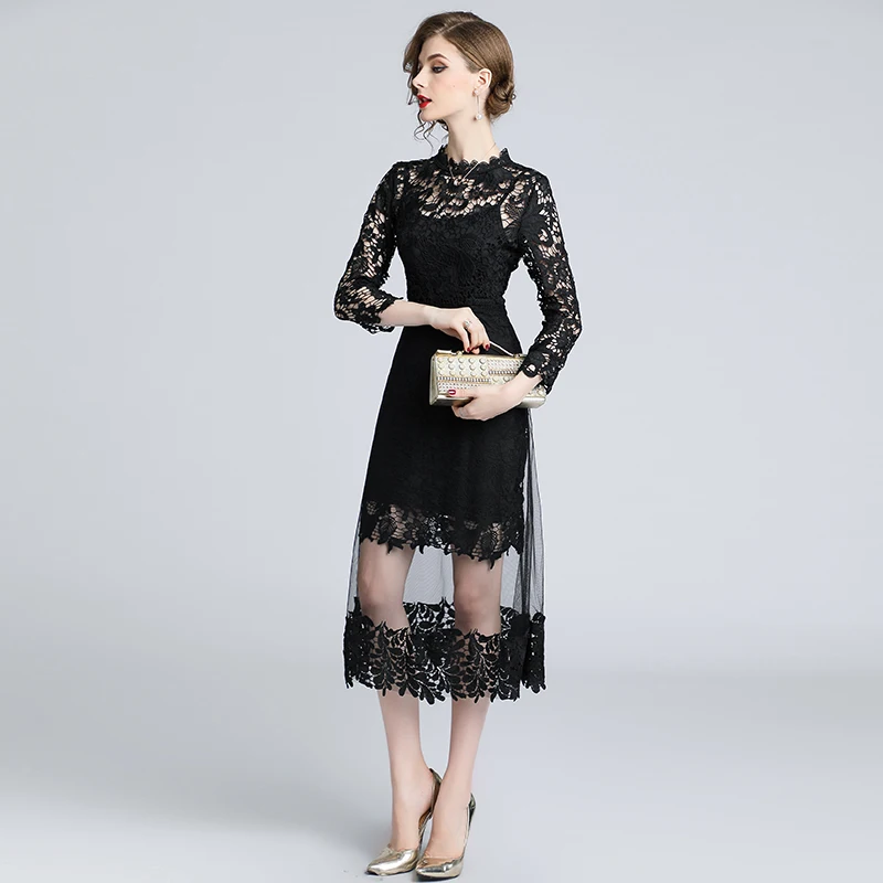 JSXDHK Осенняя черная сетка пэчворк кружевные вечерние платья Vestido Женские с