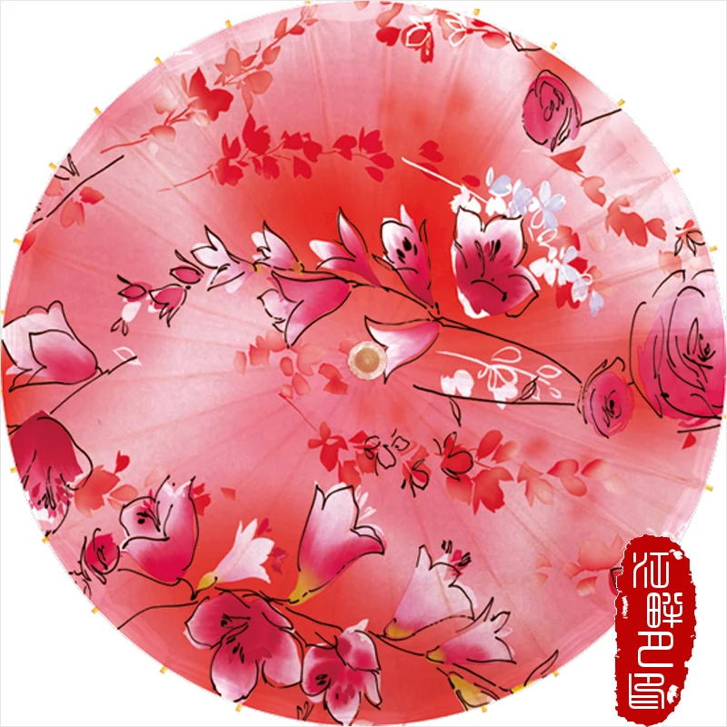 

Pink Red Elegant Flower Painting Chinese Handmade Craft Umbrella Parasol Wedding Props Dance Oiled Paper Umbrella