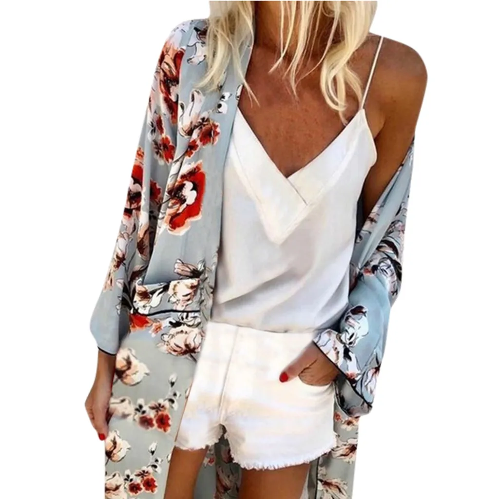 Длинное кимоно Mujer Женская блузка Мода Boho печати солнцезащитный крем Прозрачный Свободный Летний кардиган пляжная одежда blusas mujer