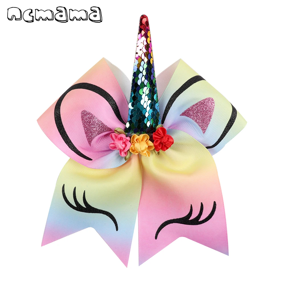 

7'' Large Sequin Unicorn Cheer Bows Glitter Print Flower Hair Bow With Elastic Hair Bands For Girls Boutique Hair Accessories