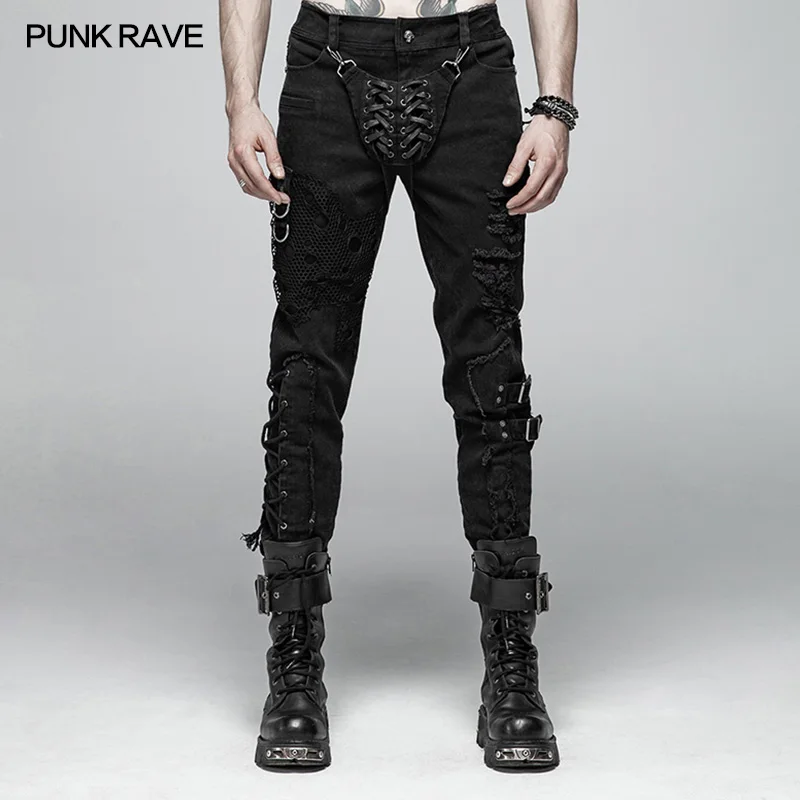 

PUNK RAVE Men Steampunk Personality Vintage Long Pants Fashion Men Hip Hop Black Cotton Denim Pants