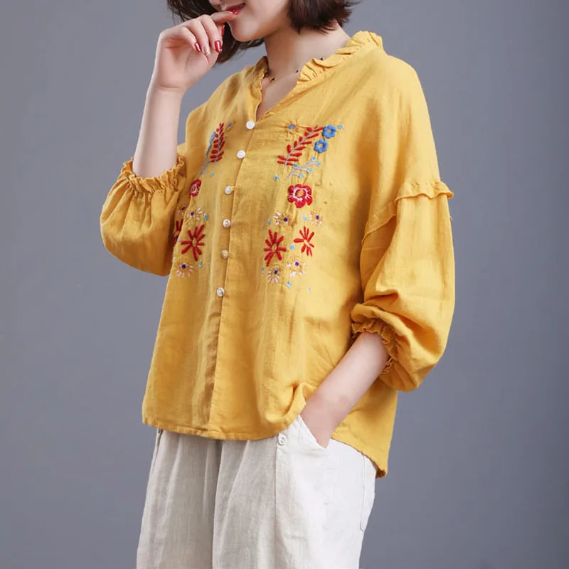

QPFJQD Mori Girl Linen Floral Embroidery Blouse Shirt Womens Tops Blouses Ruffle Collar Blouse Long Sleeve Elastic Cuffs