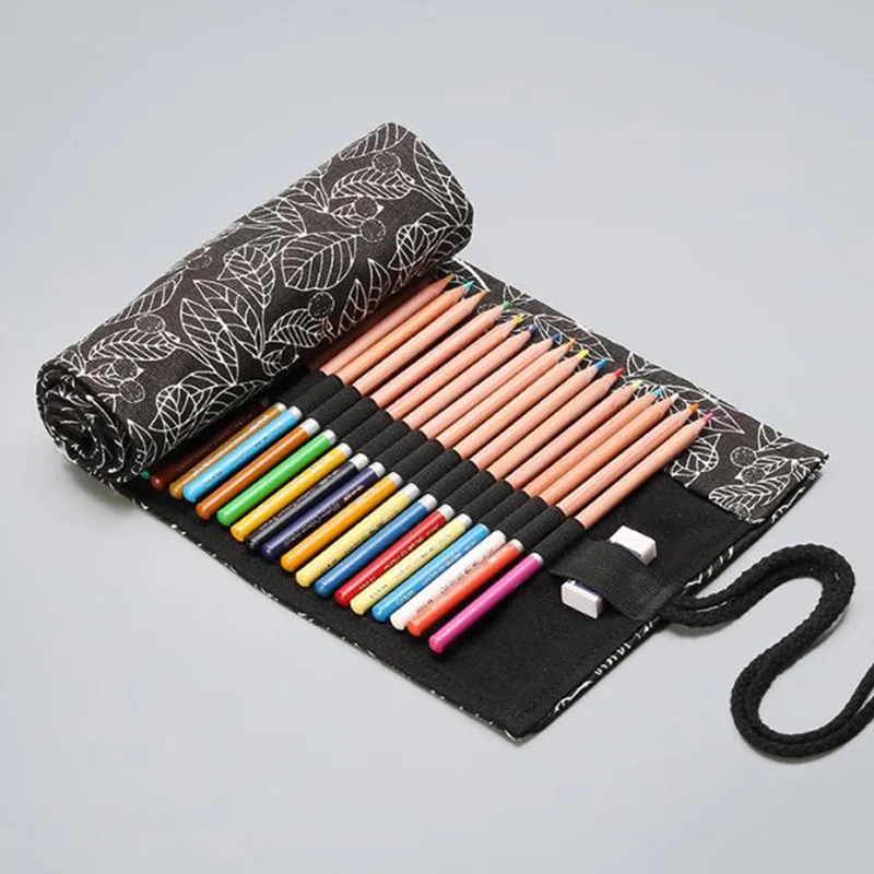 

Canvas Art Darwing Pencil Bags School Office Supplies Stationery For Kid Painting Black Leaves Brush Pen Roll Pencilcase Wrap
