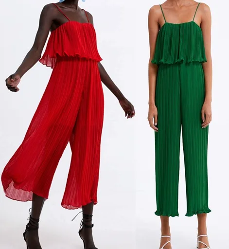 

Wonder 2019 high street solid color ruffles pleated sling jumpsuits ladies wide leg pants casual slim chiffon green rompers