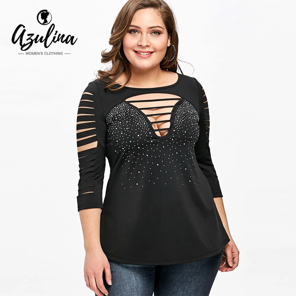 

Rosegal Plus Size 5XL Ladder Shredding T-Shirts Women T shirts 2018 Fashion O Neck 3/4 Sleeves T Shirt Big Size Ladies Tops Tees