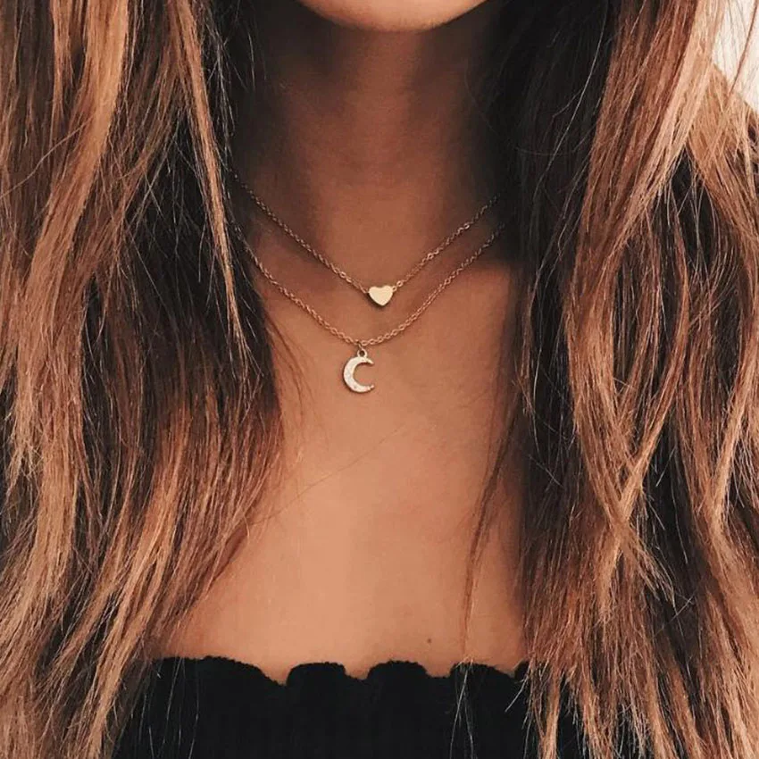 

Double Layer Gold Chain Love Heart Necklace For Women Crystal Moon Chocker colar Necklaces Pendants collier femme Kolye