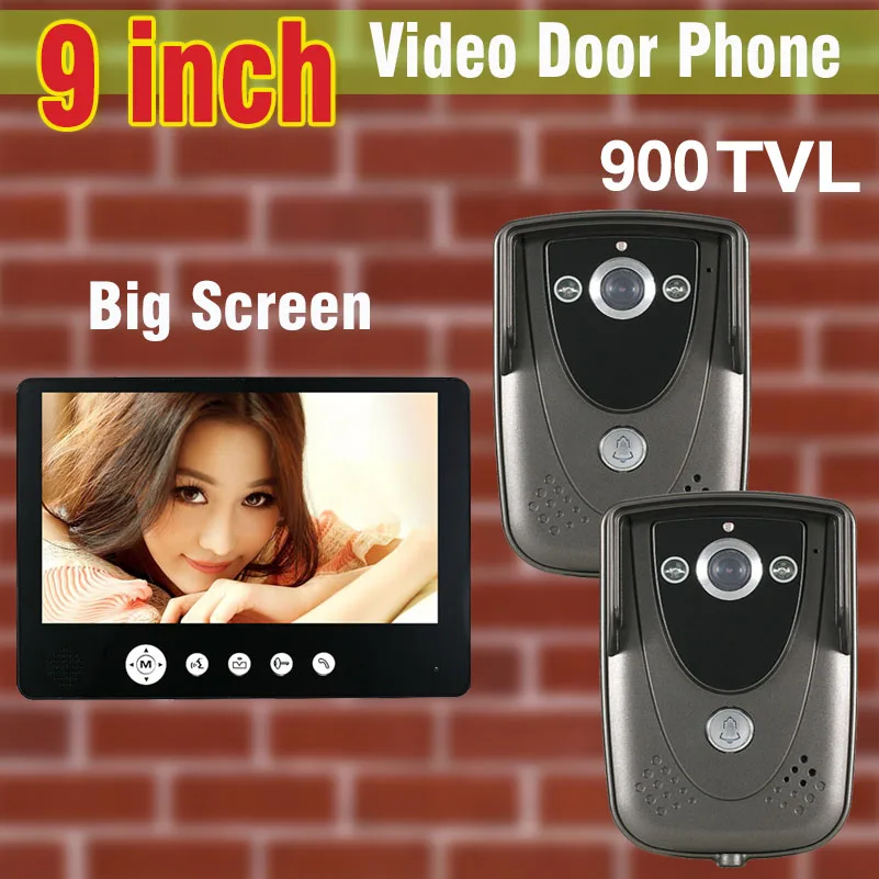 

Video Intercom System 9 inch Big Screen 900TVL HD Camera Video Door Phone DoorBell IR Night Vision Camera video doorphone 1V2