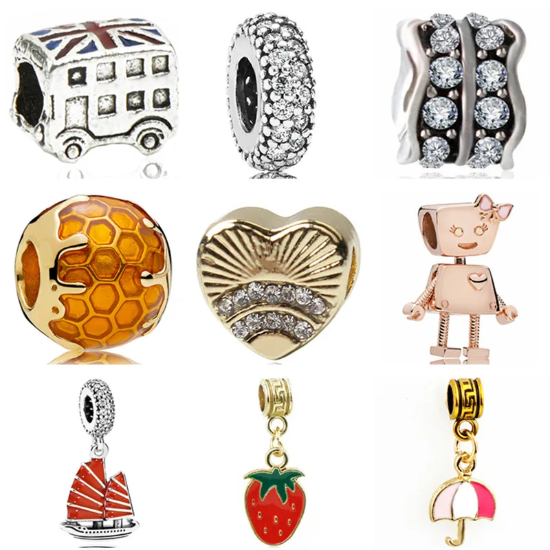 

Minimalism Crystal Love Heart Honeycomb Fairy Bowknot Robot Charm Beads Fit Pandora Charm Bangles Anklets for Women DIY Jewelry