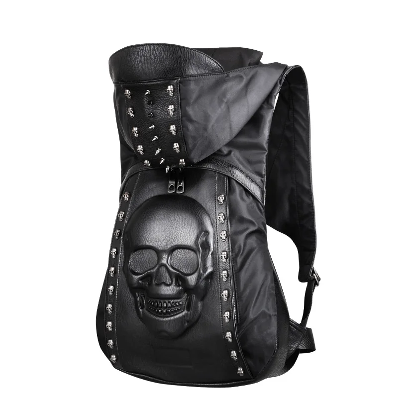 Hot New Fashion Personality 3D skull leather backpack rivets skull backpack with Hood cap apparel bag cross bags hip hop man Bag