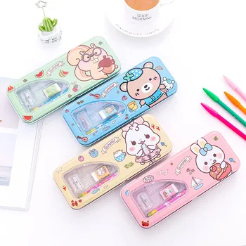 

6pcs/set Color Random Cartoon Metal Plastic Two Layer Pencil Case Ruler Rubber Pencil Sharpener Kids Gift Student School Supply