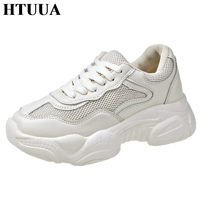 

HTUUA Autumn Breathable Mesh Splice Leather White Sneakers Women Casual Vulcanized Shoes Woman Flats Platform Sneakers SX3032