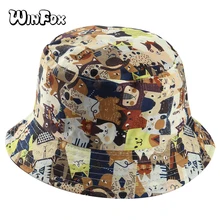 Winfox Двусторонняя кавайная женская шляпа с принтом кота из мультфильма, женская, мужская, для девочек, в стиле хип-хоп, рыбак, для путешествий, Панама, шапка Bob