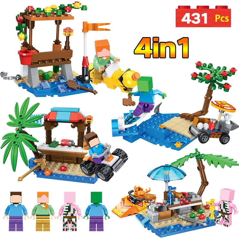 

Building Blocks Compatible With LegoINGLYS Minecrafted Island Scene Beach Assembleable Bricks DIY Christmas Gift Toys 4 in 1