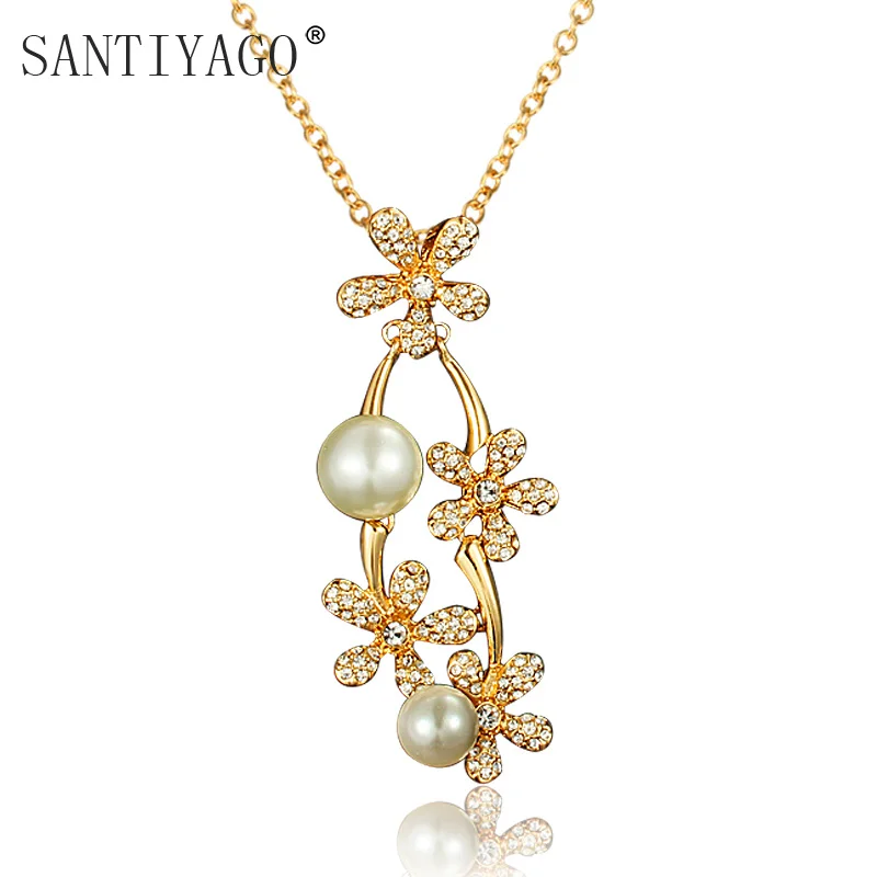 Flower Designs Women Necklace Dubai Style Gold Plating Pendant Pearl Inlay Statement Pendant