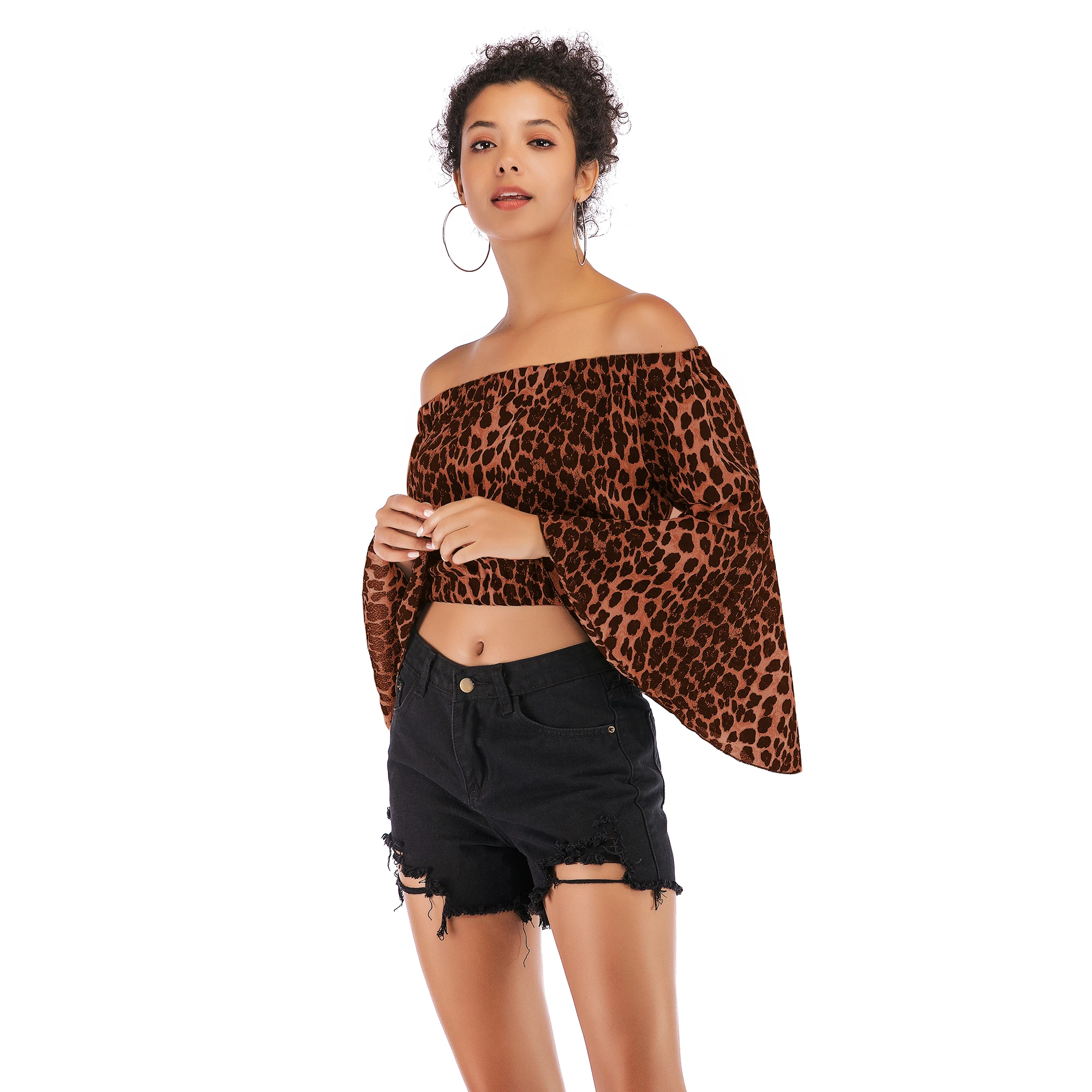 VZFF Ladies Print Leopard Printed Word Collar Sexy Off-Shoulder Chiffon Shirt Fashion Trumpet Sleeve Print Tops Women