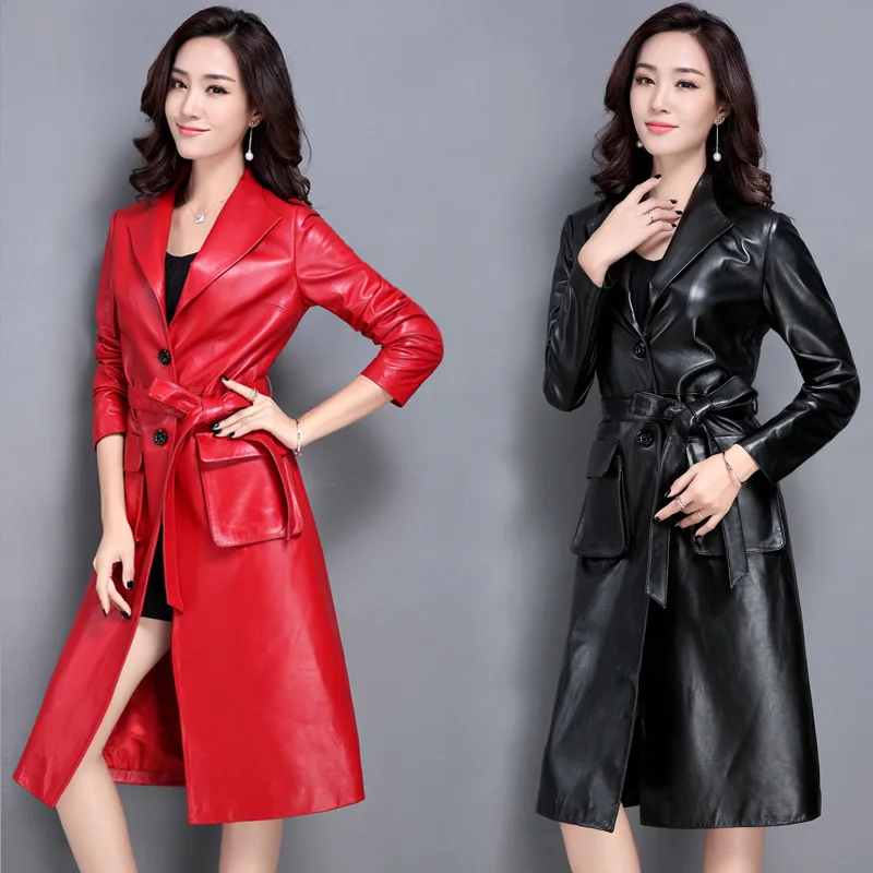 Spring And Autumn Leather Trench Female Long Genuine
