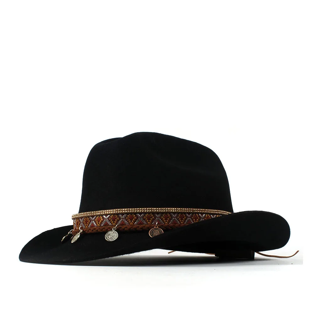 Шерсть Женская шерстяная кисточка ковбойская шляпа женская черная фетровая шляпа Sombrero Hombre Montana шляпа 57-59 см