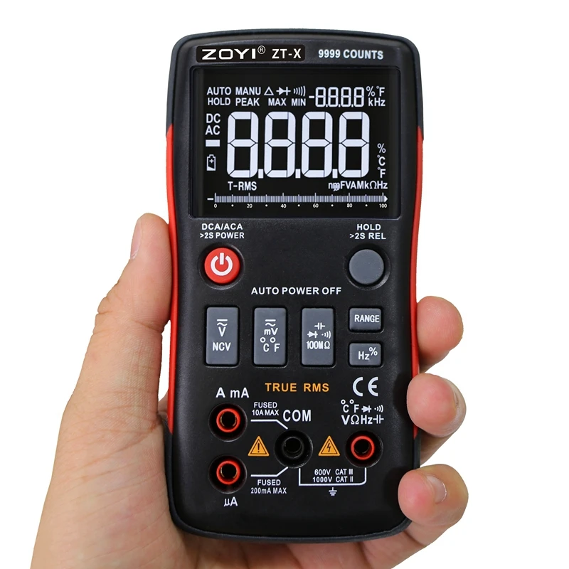 ZOYI Digital Multimeter AC DC Voltmeter True RMS NCV Diode Capacitor Ohm Data Hold LCD ZT-X 9999 Counts AutoRange Multimeters