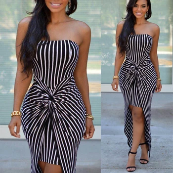 

Summer Women's Strapless Sexy Bandage Vertical Stripes Maxi Dress Tube Top Long Beach Pencil Dresses