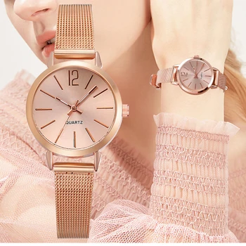 

New Fashion Women Stainless Steel Silver Gold Mesh Watch Unique Simple Watches Casual Quartz Wristwatches Clock Hot Sale