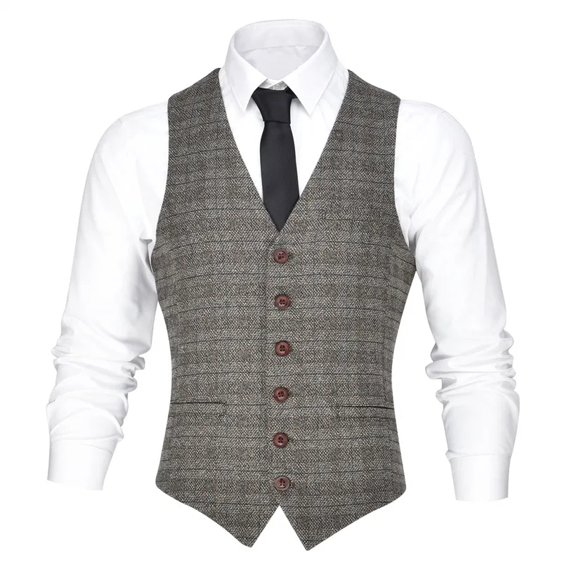 VOBOOM Brown Men Slim Fit Suit Vest Blazer Gentleman Spring Autumn