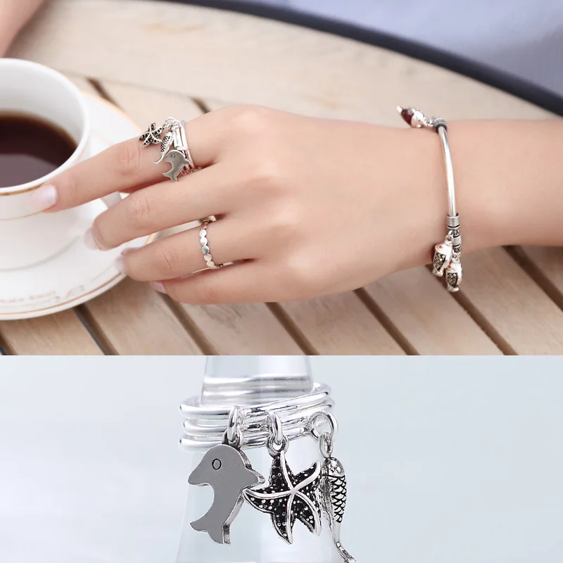 

925 Sterling Silver Jewelry Three Piece Rings For Women Jewelry Nails Starfish Dolphin Carp Ring
