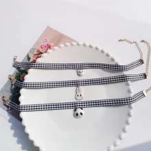 Милый черный однотонный длинный рукав тартановый плед ткань прелести животного мультяшного белого кота, кролика, панды кружевные Чокеры ожерелья для Женский Бархатный чокер