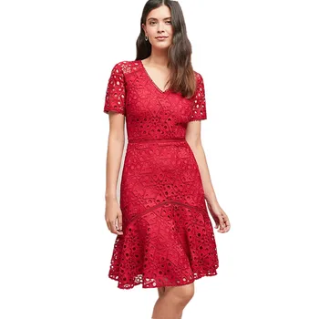 

Designer Women Short Sleeve Red Lace Dress Autumn Ruffles Hollow Out Bodycon Party Dress Vintage Sexy Slim V Neck Dress Vestidos