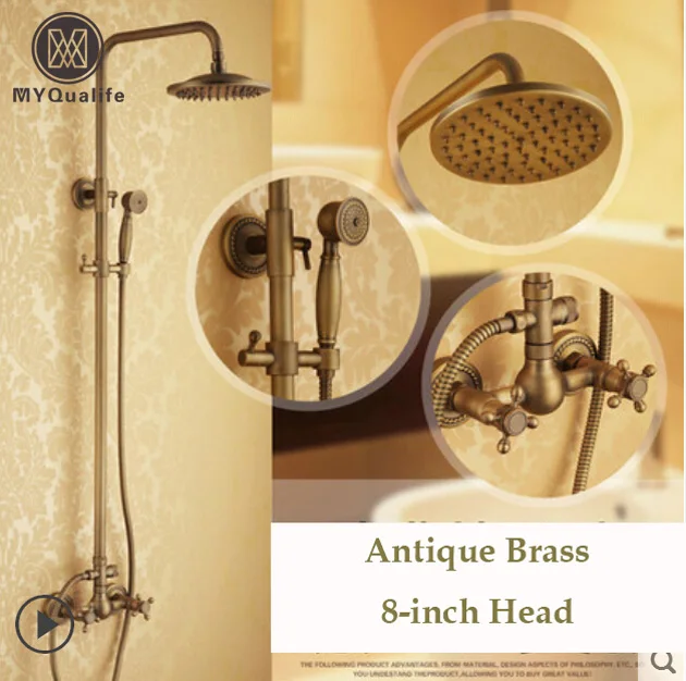 Dual Cross Handles Wall Mount Rainfall Shower Faucet Sets 8" Brass