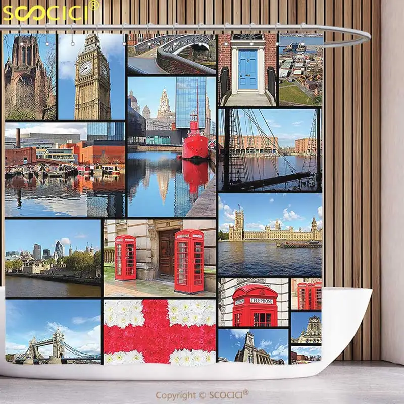 Cool Shower Curtain England Cityscape Red Telephone Booth Clock Tower Bridge on River British