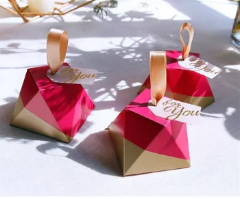 

free shipping 8*8*6cm hot pink with gold diamond shape wedding chocolate boxes , SZZP8
