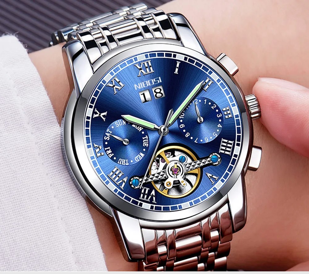 NIBOSI Skeleton Automatic Mechanical Watches For Men Full Steel Strap Clock Luminous Luxury Watch Men's Relogio Masculino (1)