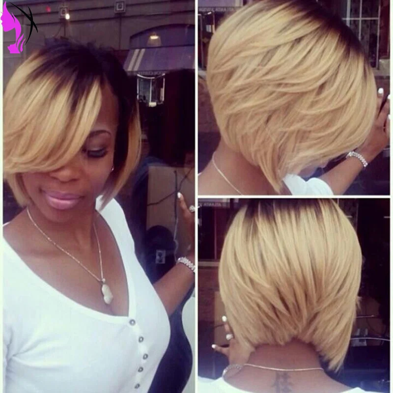 Free Shipping Bob Cut Synthetic Lace Front Wig Ombre Natural Black
