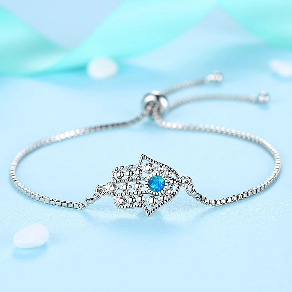 Серебряный геометрический регулируемый браслет-цепочка с голубым опалом, цирконием, кристаллом, глазом Хамса, ручные браслеты с кулоном в форме бесконечности для женщин