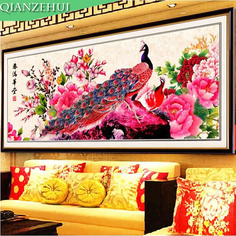 

QIANZEHUI,Needlework,DIY printing Peony flower vase Cross stitch, The peacock peony For Embroidery kits Cross-Stitching