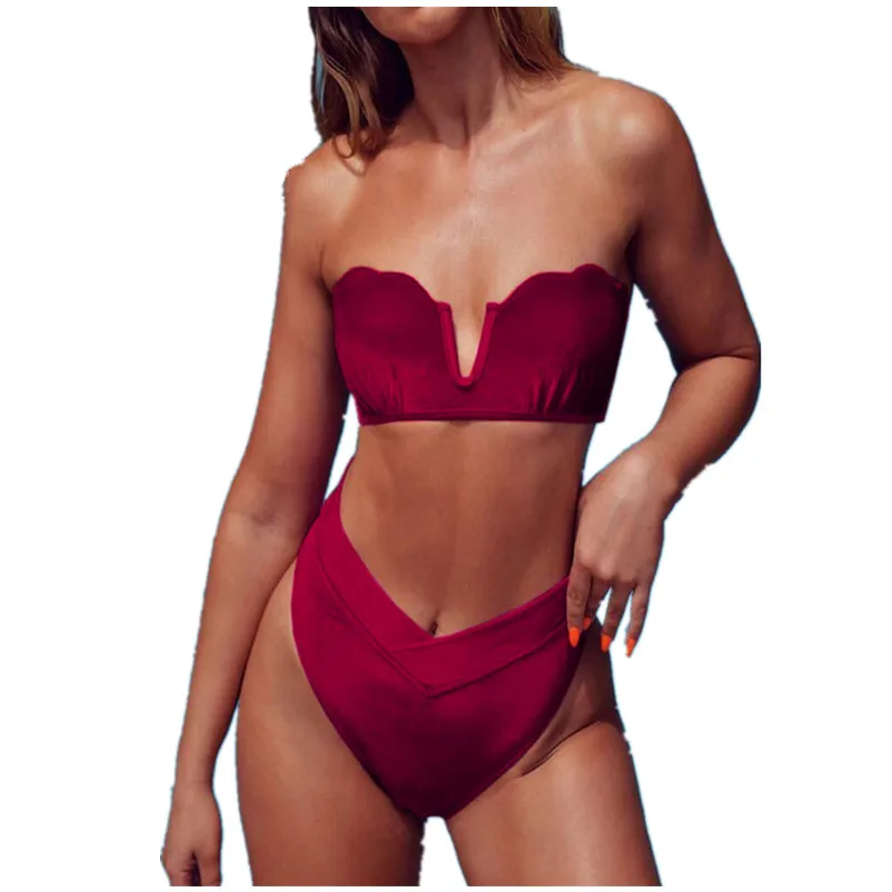 

High Waist Bikini Swimwear Women 2019 Padded Swimsuit Bandage Beach Wear Monokini Badpak Wine red Bikinis Biquini traje de bano