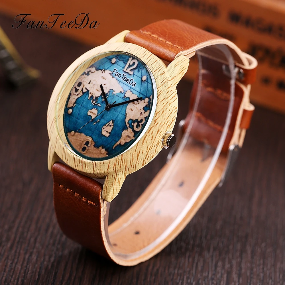 

FanTeeDa Brand Wooden Watches Women Luxury Wood Dress Quartz Wristwatches Ladies Bracelet Earth Map Casual Creative Clock