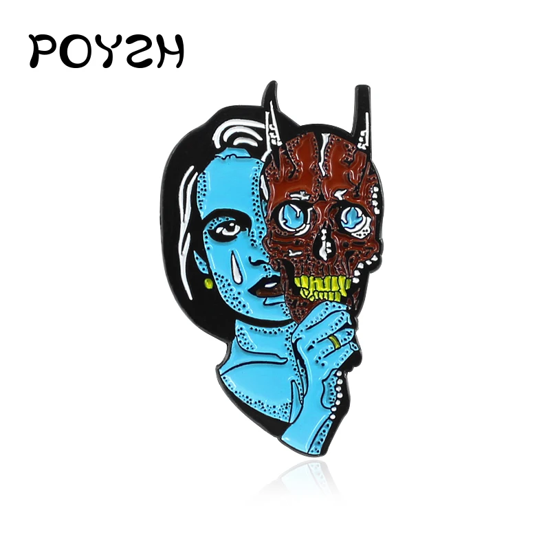 

Newest Enamel Brooch Pin Masked Blue Skin Woman Primitive Man Alien ghost monster Mask Two-faced personality Jewellery badge