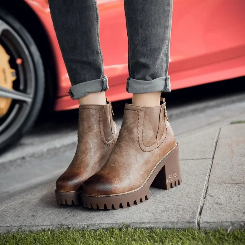 

US4-11 Womens Round Toe Platform Ankle Boots Block Chunky Heel Oxfords Pull On Retro Punk Motorcycle Shoes Plus Size 4Colors