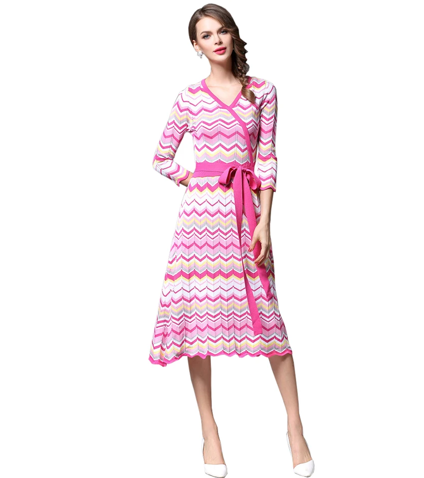 Autumn Long sleeved knit Striped dress Elegant flowing ladies Bohemian