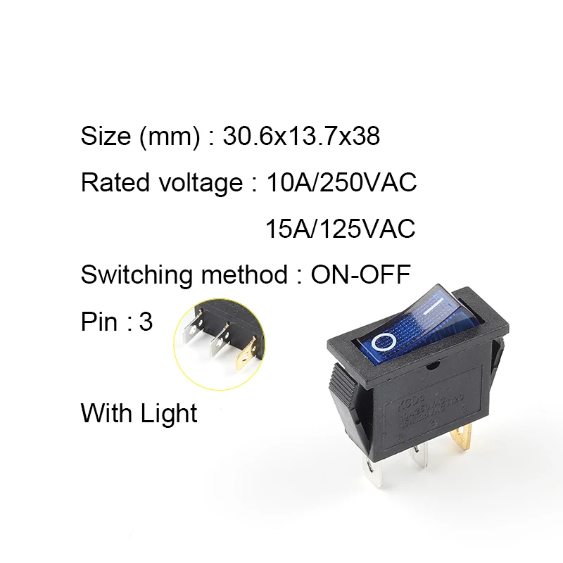 5 pcs KCD3 With Light Power Switch 10A 250V AC 15A 125V AC 2/3 Pin SPDT KCD3 ON-OFF-ON 2/3 Position Boat Rocker Switch - Цвет: 3P With Blue Light