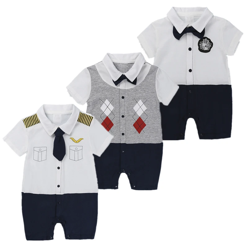 الوليد ملابس الطفل الصبي شهم الصيف رومبير قصيرة الأكمام الوليد بذلة رداء غير رسمية مع ربطة القوس فيونكة الصيف نمط طفل الفتيات