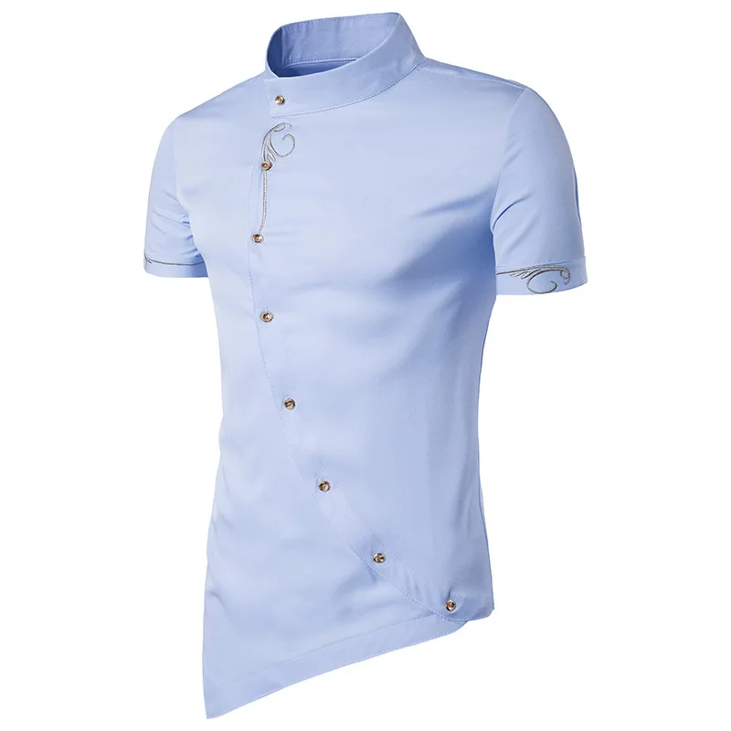 Новинка, LetsKeep, мужская рубашка с коротким рукавом, рубашки с вышивкой, мужской воротник-мандарин, зауженная пуговица, ZA476 - Цвет: Light Blue