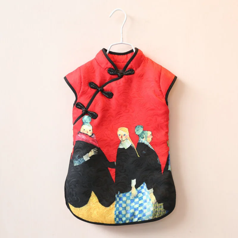 

Baby girls dress Chinese style Cheongsam dress for girls Winter spring Cotton-padded Clothes cartoon print New Year Tang Costume