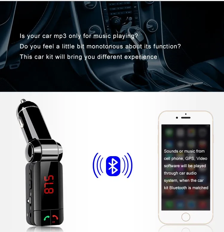 BC06S Bluetooth автомобильный комплект BT Hands-free вызов fm-передатчик MP3-плеер двойной USB зарядное устройство с детектором напряжения тока