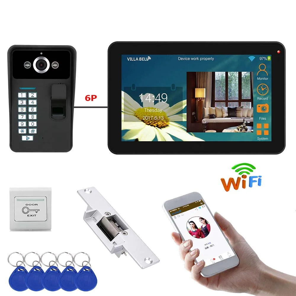 Best 9 inch Wired Wireless Wifi Fingerprint Video Door Phone Doorbell Intercom System with Electric Strike Lock + 1000TVL Camera