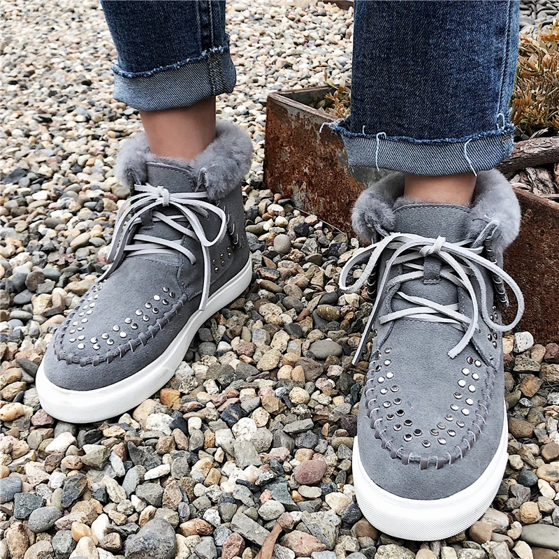 Invierno Para Plataforma Flufft gris Cuero Genuino Oveja Nieve Lana marrón Stylesowner Botas Zapatos Negro Mujeres De Cálida Gamuza Remaches q8FZYF