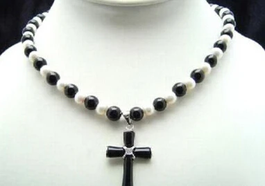 

Jewelr 004499 Genuine White Pearl Black Agate 18KWGP Crystal Cross Pendant Necklace